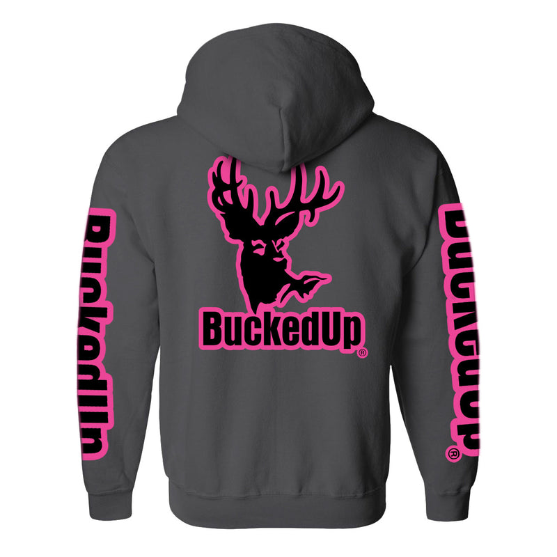 Pullover Hoodie - Charcoal Grey with Pink BuckedUp® Logo - BuckedUp Apparel