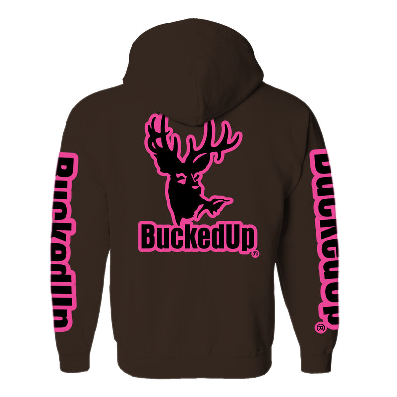 Pullover Hoodie - Chocolate with Pink BuckedUp® Logo - BuckedUp Apparel
