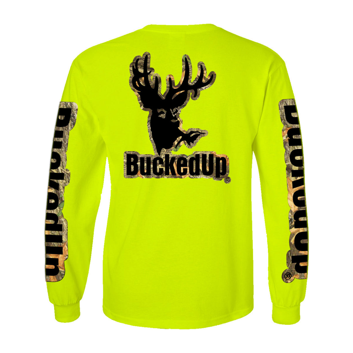 Long Sleeve Safety Green with Camo Black BuckedUp® Logo - BuckedUp Apparel