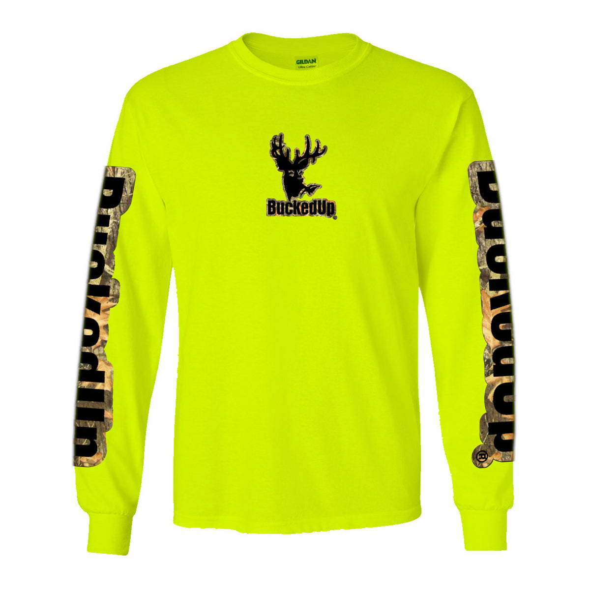 Long Sleeve Safety Green with Camo Black BuckedUp® Logo - BuckedUp Apparel