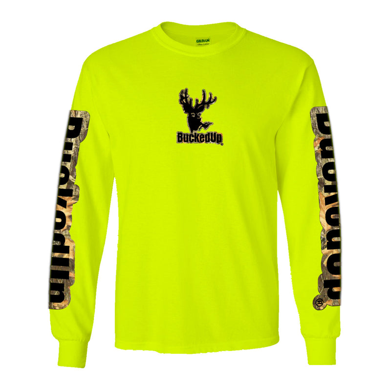 Long Sleeve Safety Green with Camo Black BuckedUp® Logo - BuckedUp Apparel