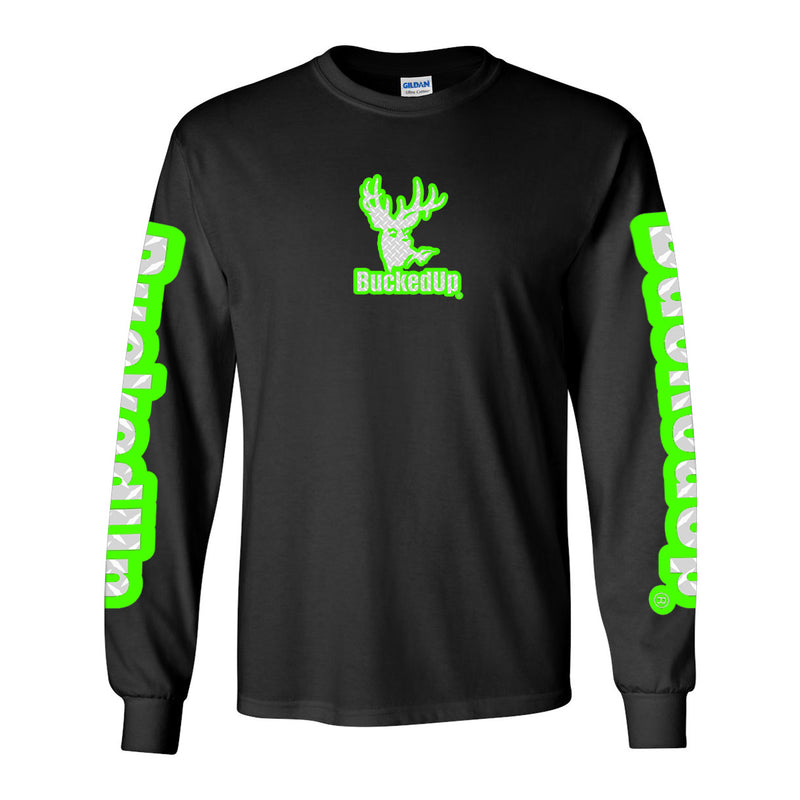 Long Sleeve Black with Green Diamond Plate BuckedUp® Logo - BuckedUp Apparel