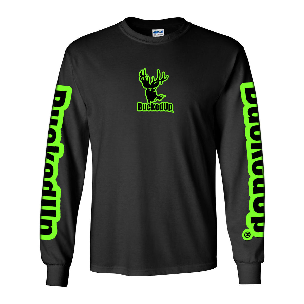 Youth Long Sleeve BuckedUp® Black with Green Logo - BuckedUp Apparel