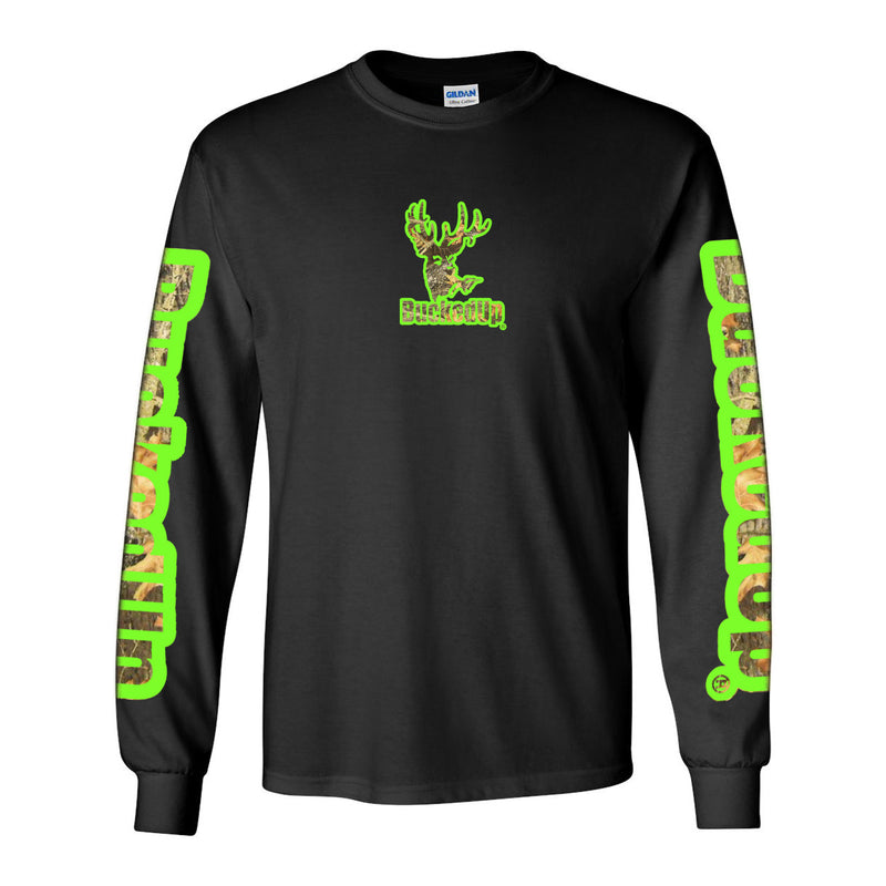 Long Sleeve Black with Green Camo BuckedUp® Logo - BuckedUp Apparel