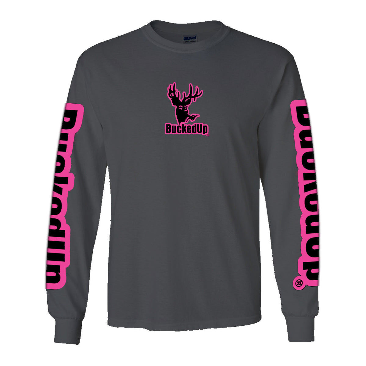 Long Sleeve Charcoal Grey with Pink BuckedUp® Logo - BuckedUp Apparel
