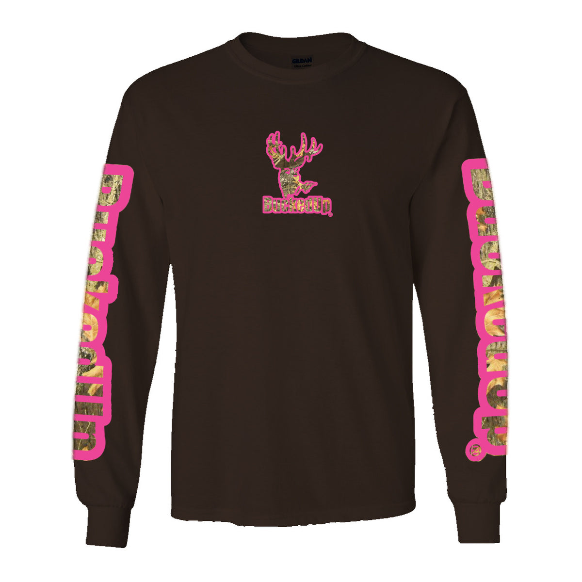 Long Sleeve Chocolate with Pink Camo BuckedUp® Logo - BuckedUp Apparel