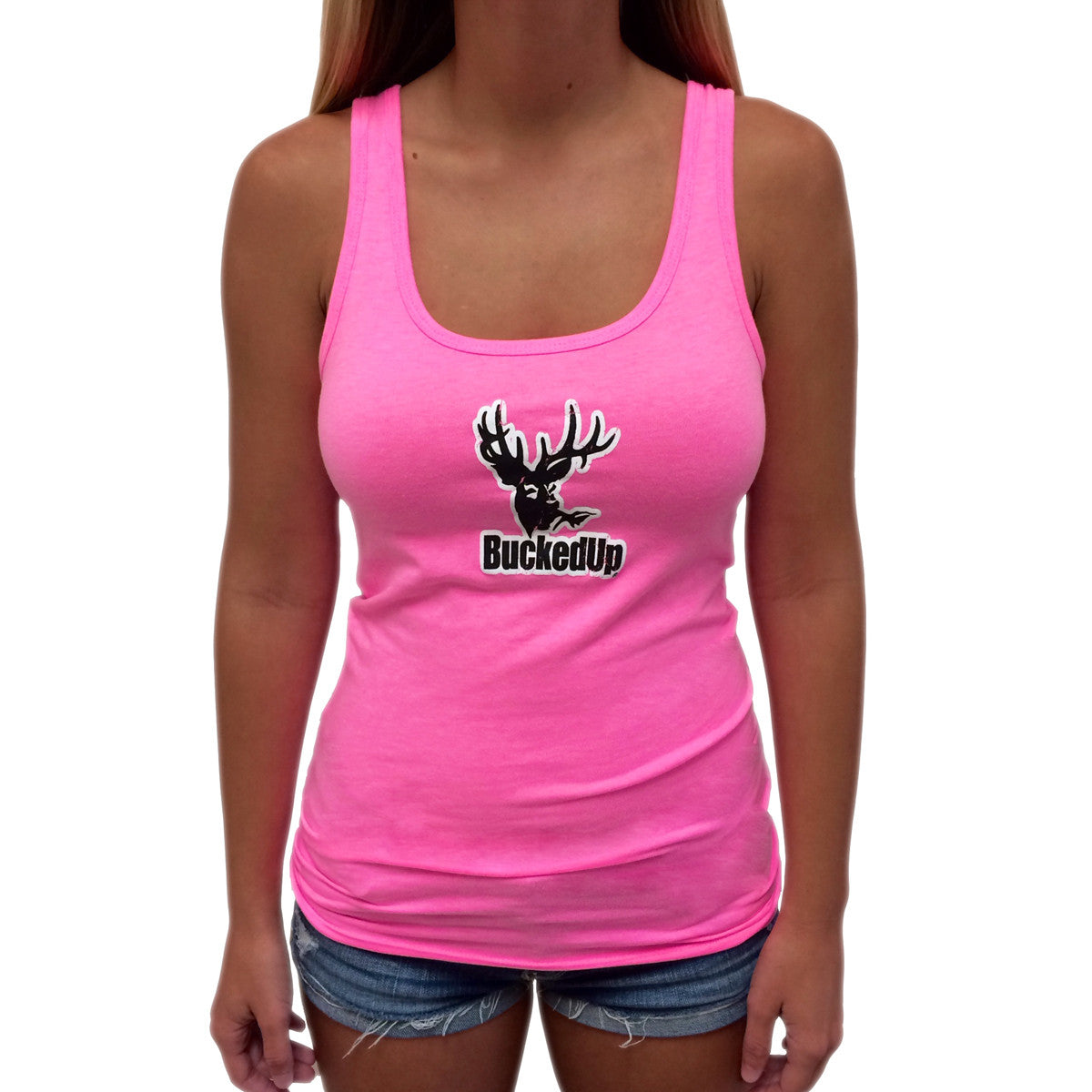 Distressed Safety Pink Tank with White BuckedUp® Logo - BuckedUp Apparel
