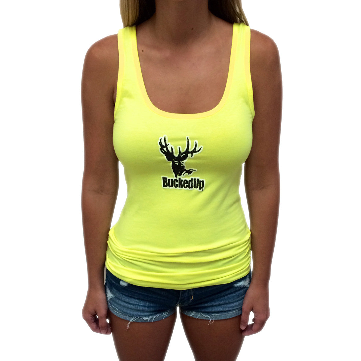 Distressed Safety Green Tank with White BuckedUp® Logo - BuckedUp Apparel