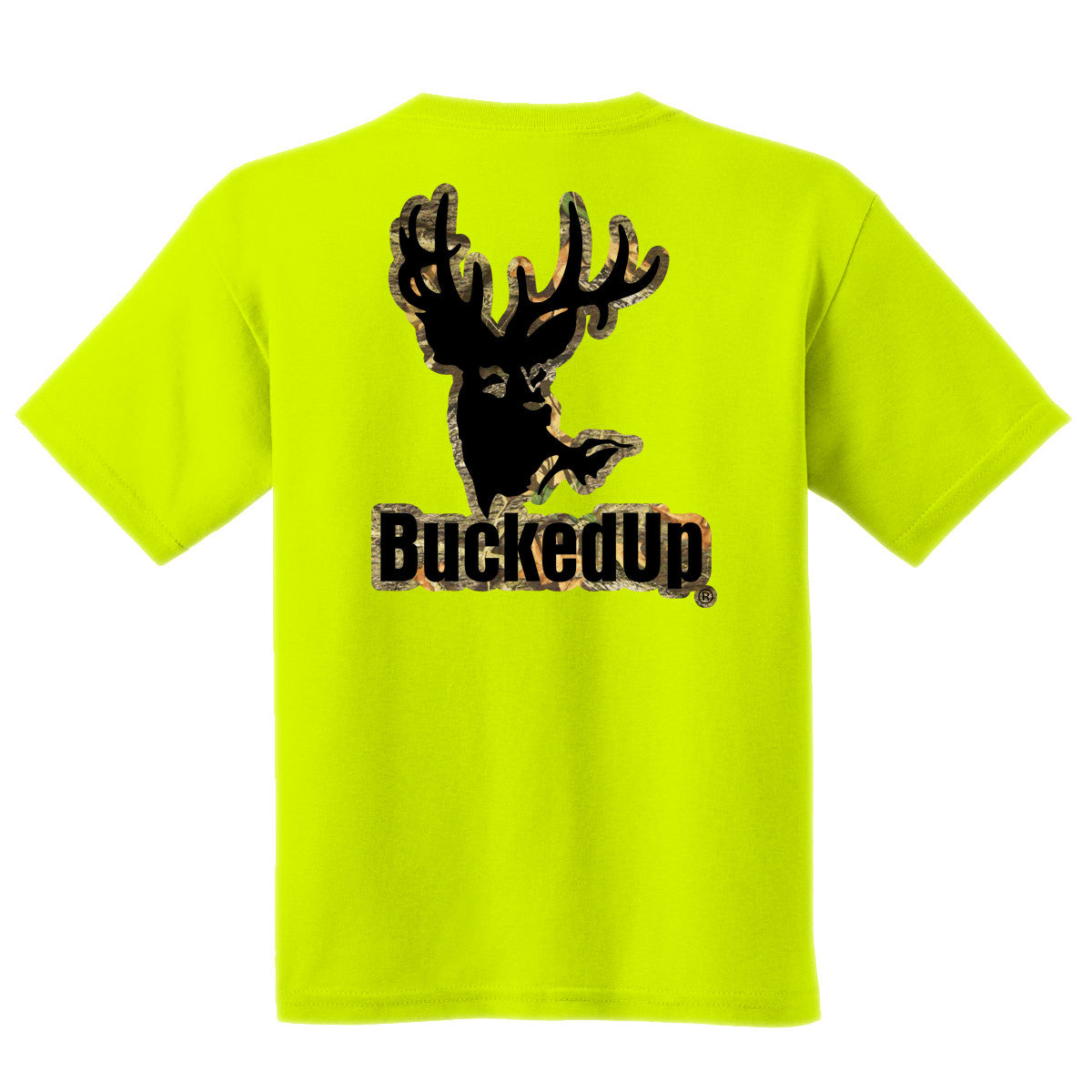 Short Sleeve Safety Green with Camo-Black BuckedUp® Logo - BuckedUp Apparel