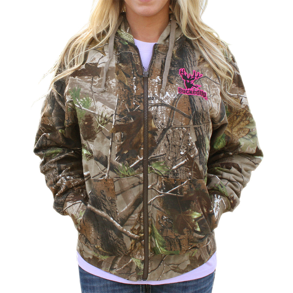 Zipper Hoodie Realtree® APG Camo with BuckedUp® Pink Logo with Embroidered Logo - BuckedUp Apparel