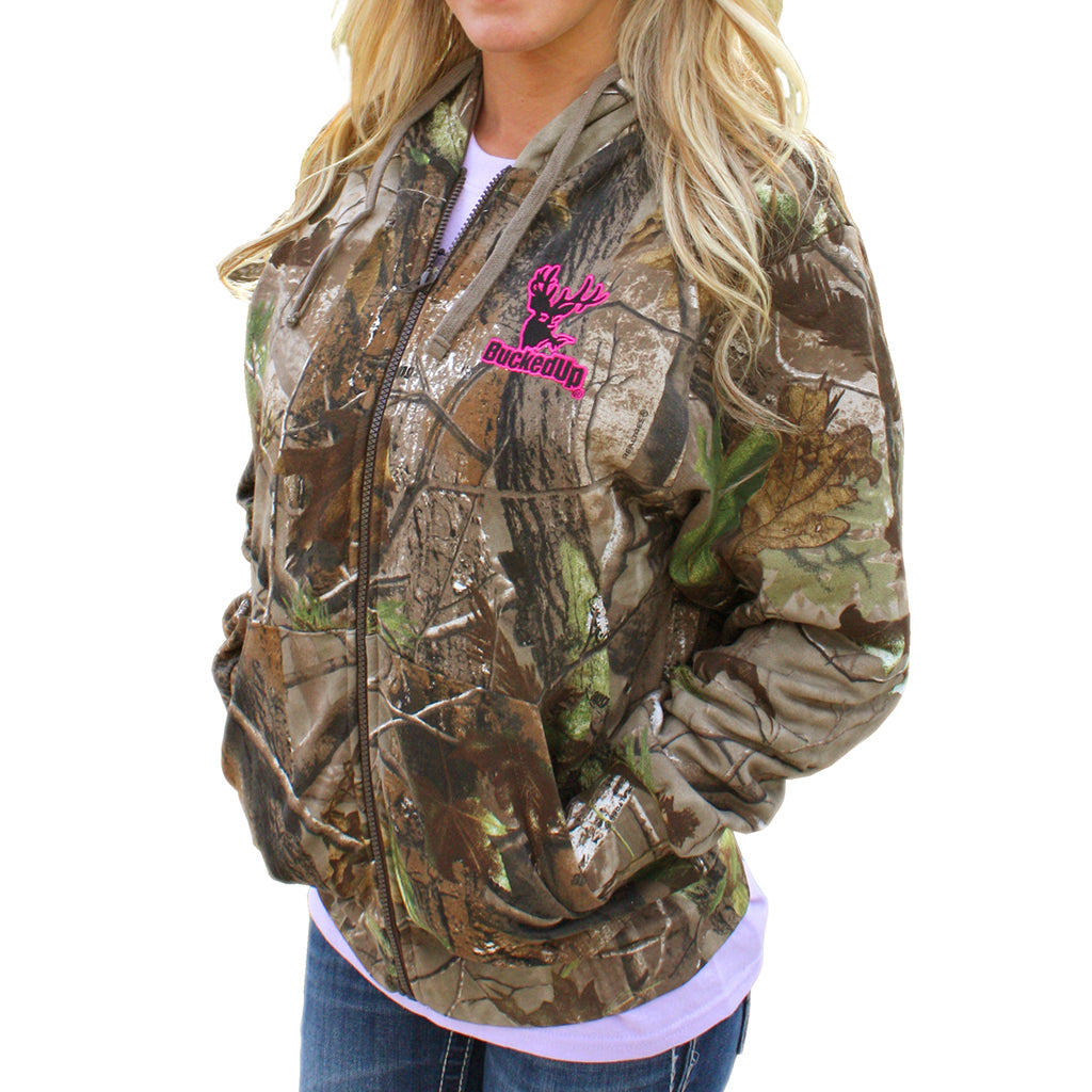 Zipper Hoodie Realtree® APG Camo with BuckedUp® Pink Logo with Embroidered Logo - BuckedUp Apparel