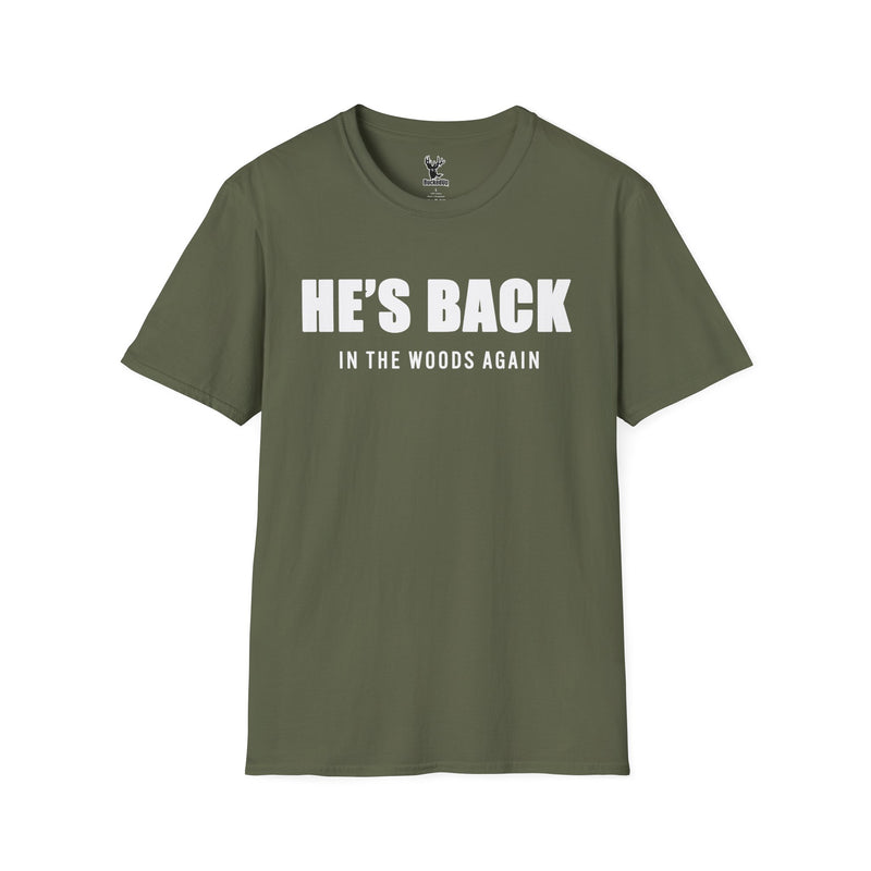 Short Sleeve BuckedUp® "He's Back!" in White Letters Softstyle T-Shirt - BuckedUp Apparel