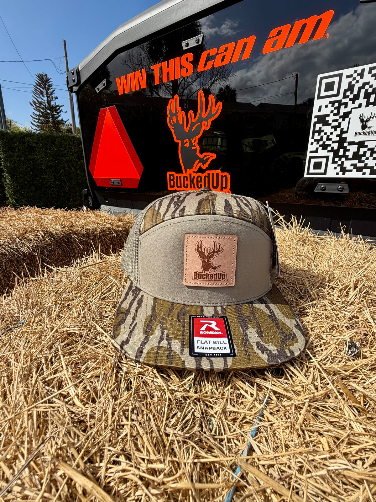 BuckedUp® Leather Patch 7 Panel Hi Profile Bottomland with Tan Mesh Snapback - BuckedUp Apparel