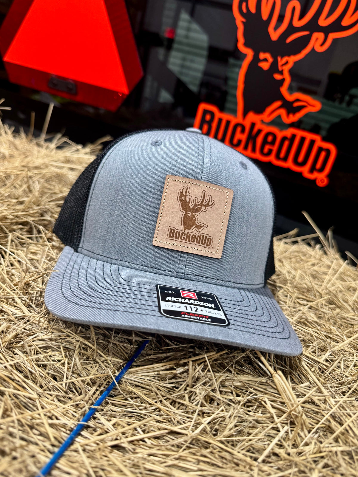 BuckedUp® Leather Patch Heather Grey with Black Mesh Snapback with Flex - BuckedUp Apparel