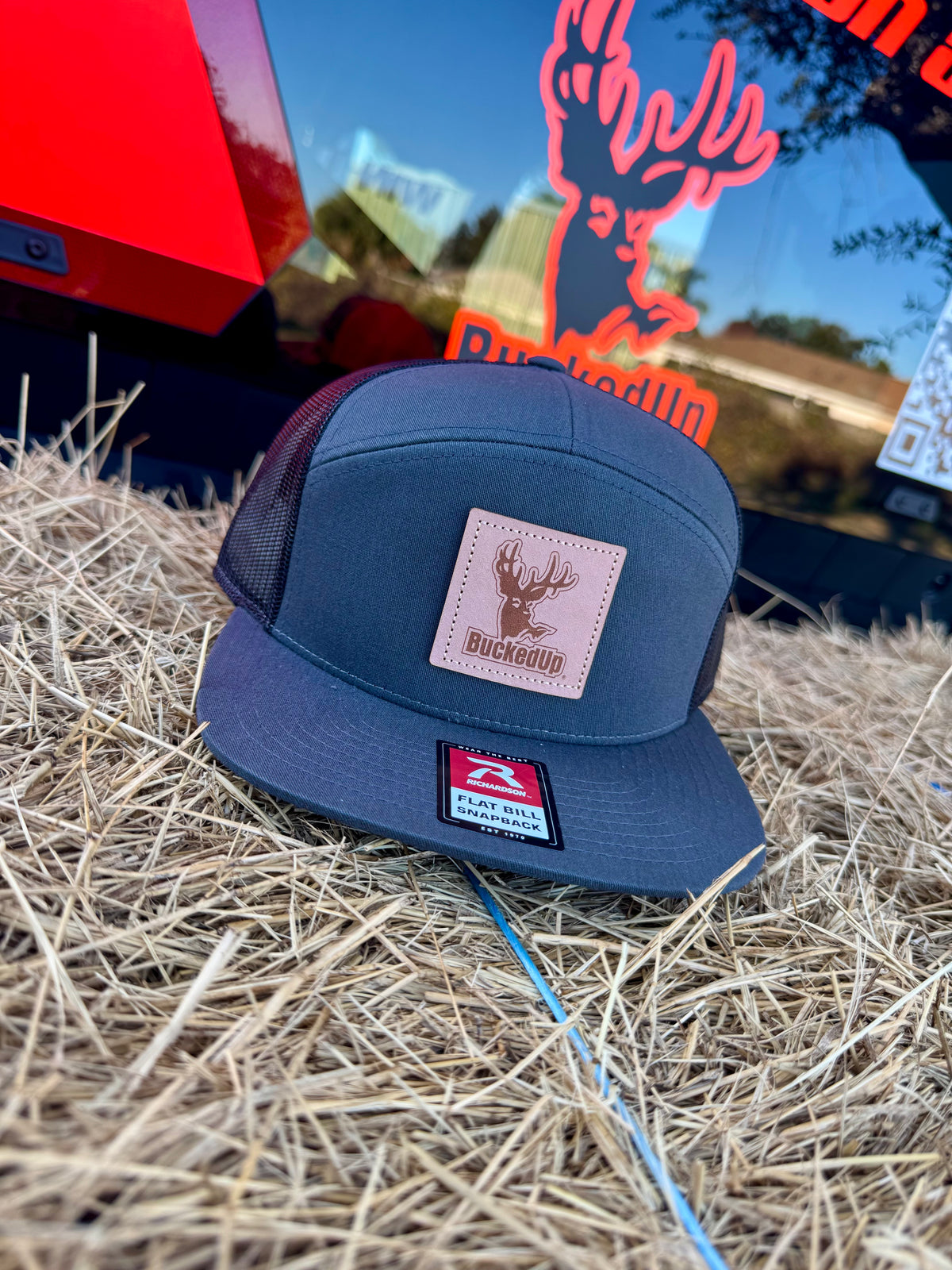 BuckedUp® Leather Patch 7 Panel Hi Profile Charcoal with Black Mesh Snapback