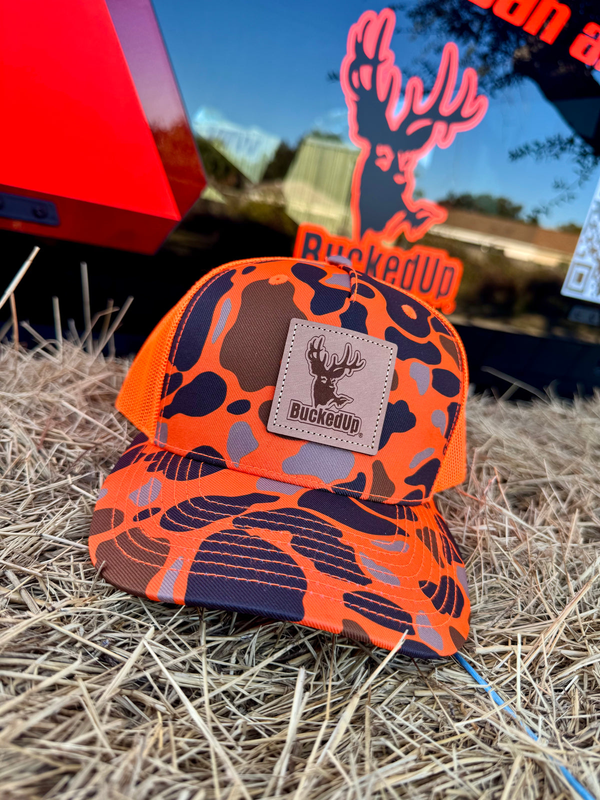 BuckedUp® Leather Patch Orange Duck Camo with Orange Mesh Snapback