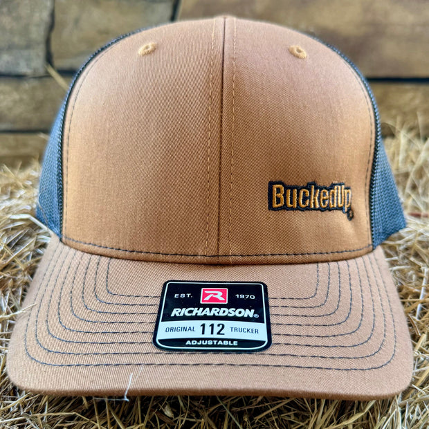 BuckedUp® Text in Camel and Black Mesh Snapback