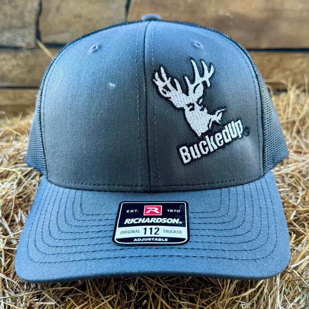 BuckedUp® Dark Gray Logo White with Black Mesh Snapback