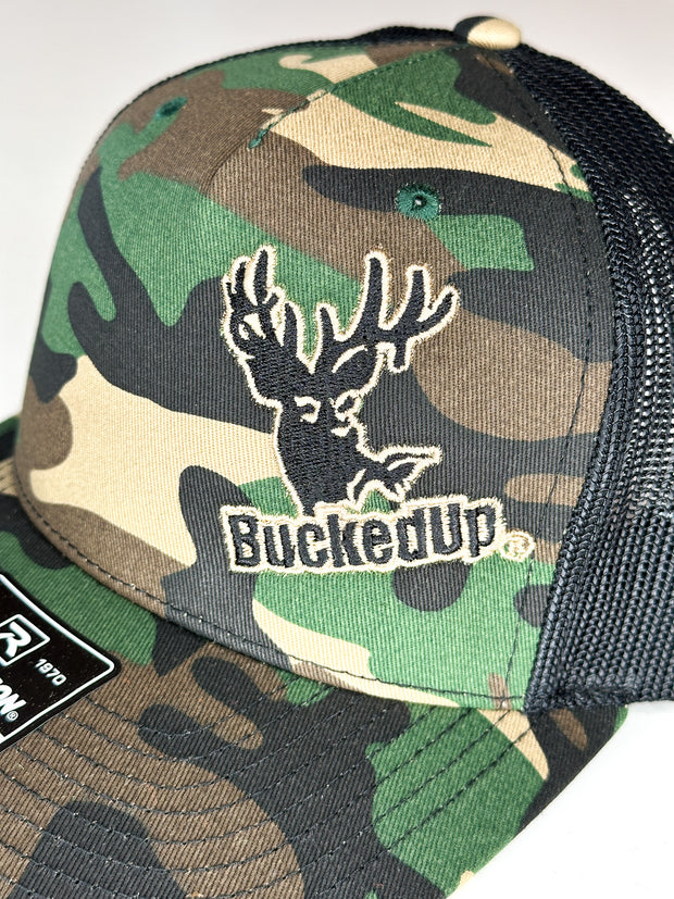 BuckedUp® Logo in Army Camo and Black Mesh Snapback
