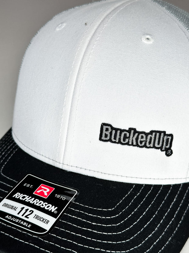 BuckedUp® Text Black Bill White with Grey Mesh Snapback