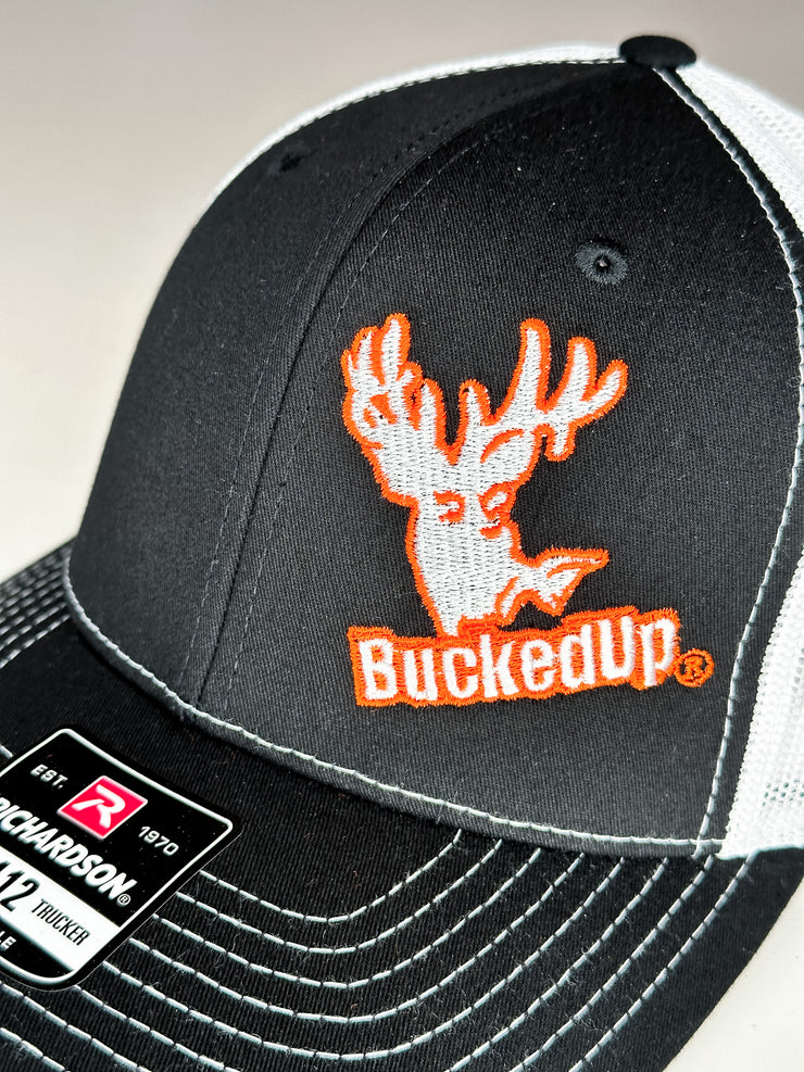 BuckedUp® Orange Logo Black with White Mesh Snapback