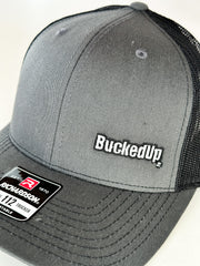 BuckedUp® Dark Gray Text White with Black Mesh Snapback