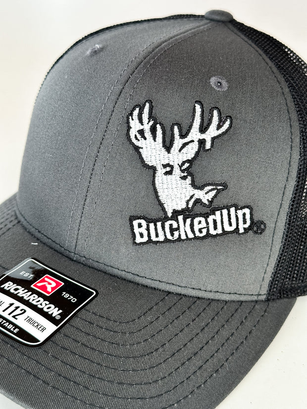 BuckedUp® Dark Gray Logo White with Black Mesh Snapback