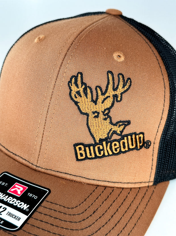 BuckedUp® Logo in Camel and Black Mesh Snapback