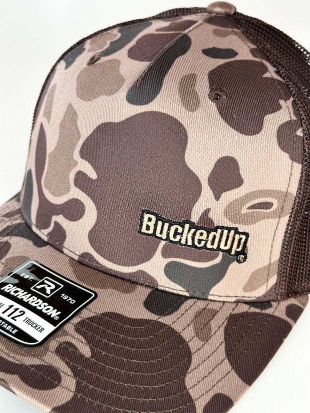 BuckedUp® Text in Duck Camo and Brown Mesh Snapback