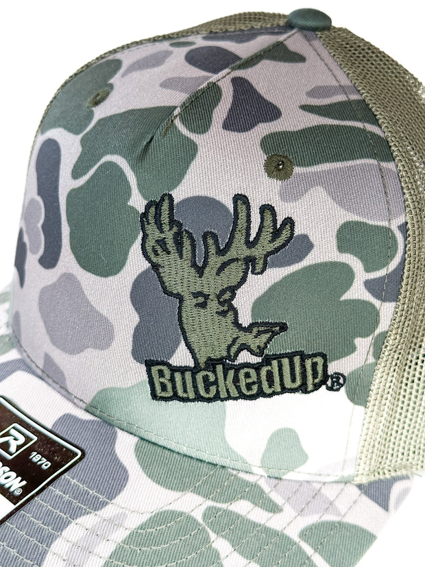 BuckedUp® Logo in Buck Camo and Green Mesh Snapback