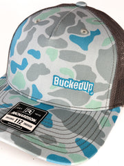 BuckedUp® Text in Saltwater Camo and Gray Mesh Snapback