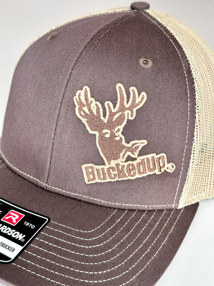 BuckedUp® Brown Logo Brown with Tan Mesh Snapback