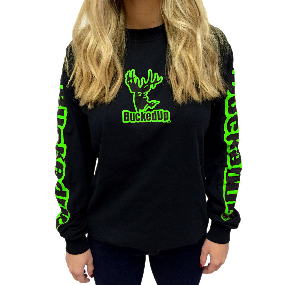 Long Sleeve Black with Green BuckedUp® Logo in