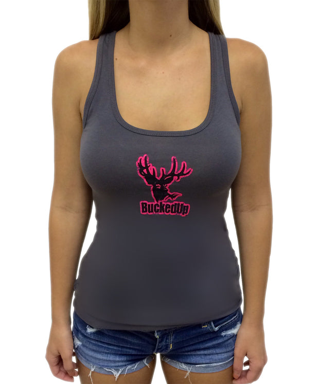 Distressed Tank - Charcoal Grey with Pink BuckedUp® Logo