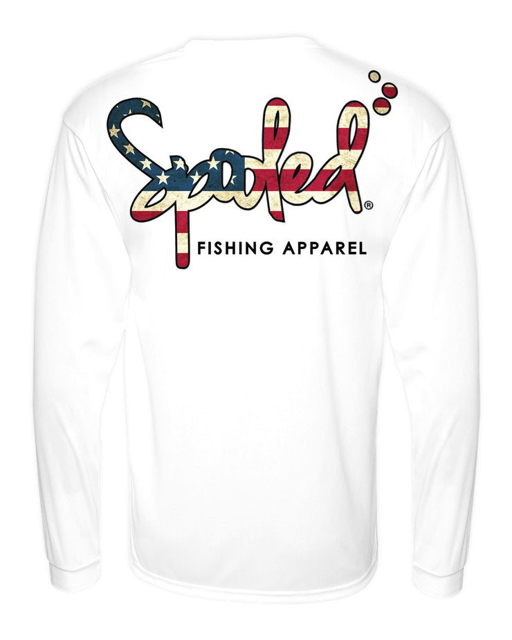 Spooled Fishing  Performance Long Sleeve White with Spooled American Flag  Logo SPF-30 – BuckedUp Apparel