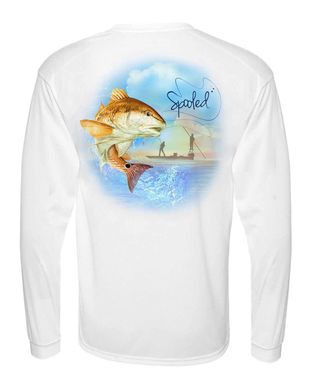 Performance Long Sleeve White with Spooled Redfish SPF-30