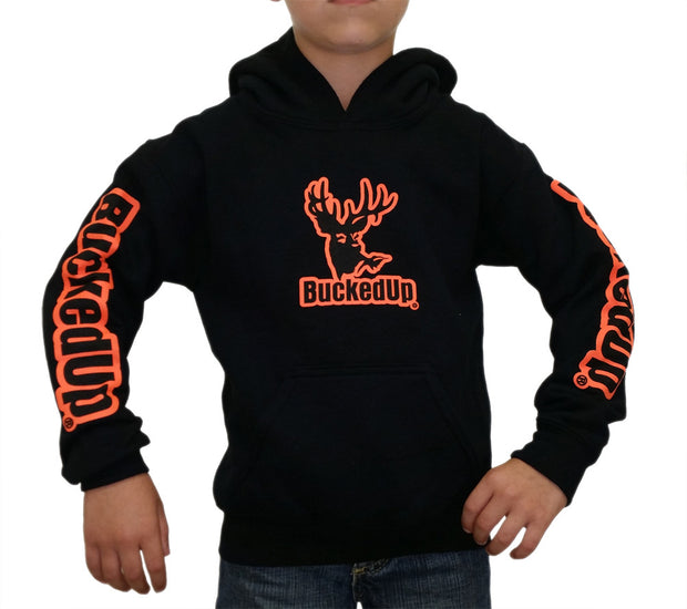 Youth Pullover Hoodie BuckedUp® Black with Orange Logo