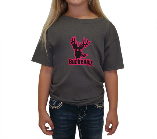 Youth Short Sleeve BuckedUp® Charcoal Grey with Pink Logo