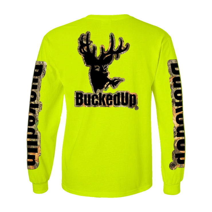 Long Sleeve Safety Green with Camo Black BuckedUp® Logo