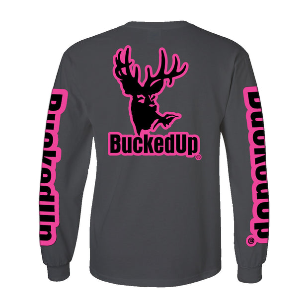 Youth Long Sleeve BuckedUp® Charcoal Grey with Pink Logo