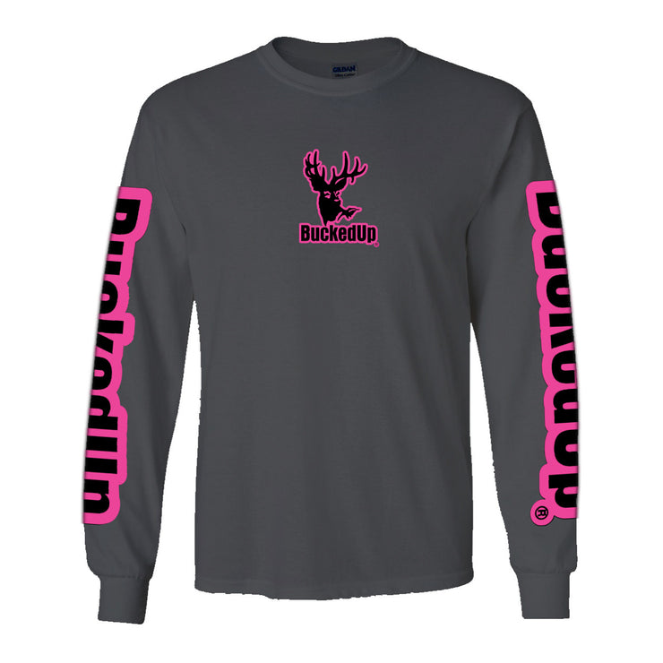 Youth Long Sleeve BuckedUp® Charcoal Grey with Pink Logo