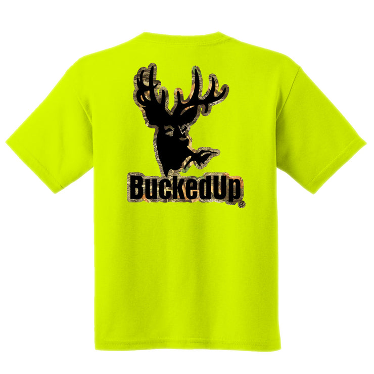 Short Sleeve Safety Green with Camo-Black BuckedUp® Logo
